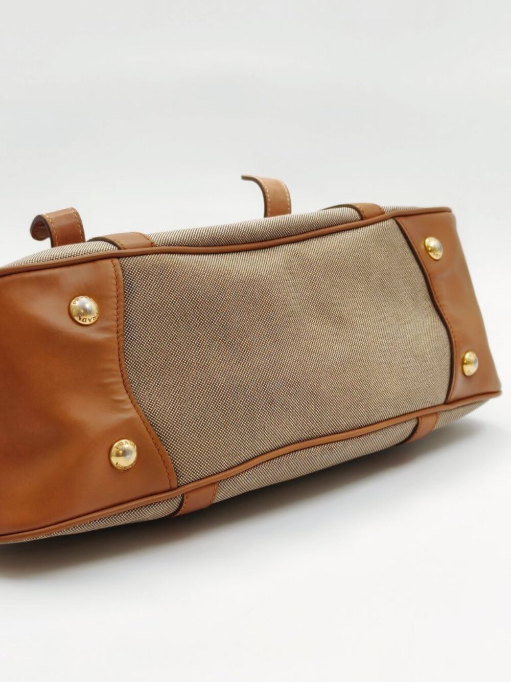 Prada Canapa Canvas Leather Satchel Handbag Brown Logo Top Handle Bag - Picture 7 of 13